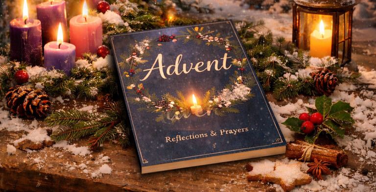 an Advent book on a Christmas decorated table