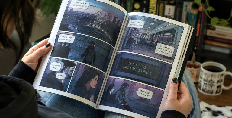 A person reading a graphic novel