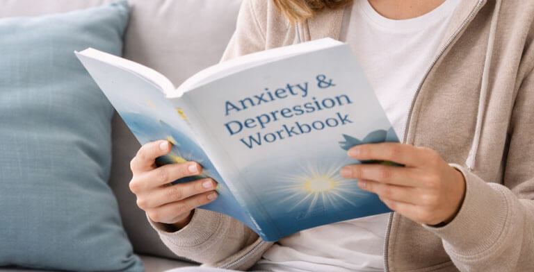 A woman reading a mental health recovery workbook