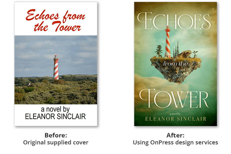 Example of Echoes from the Tower by Eleanor Sinclair before and after our book cover design services